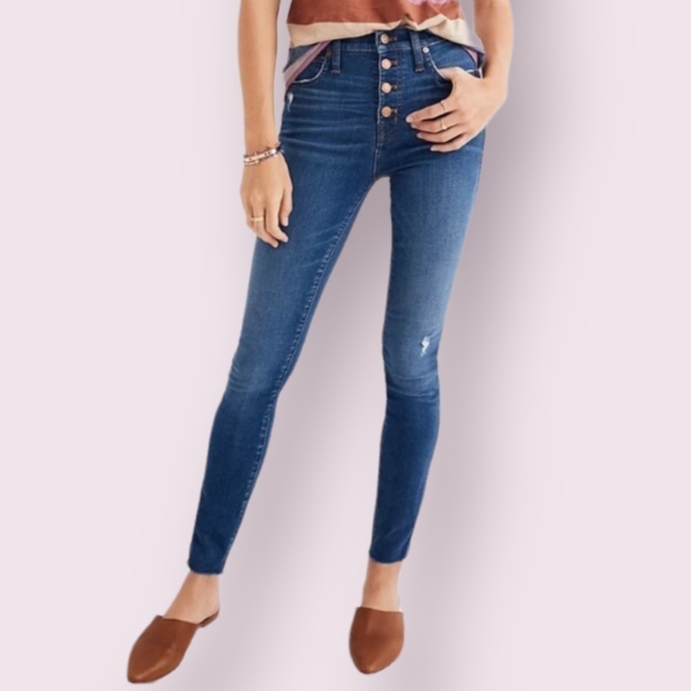 Madewell Womens 10” High Rise Raw Hem Distressed Button Fly Skinny Jeans Size 26